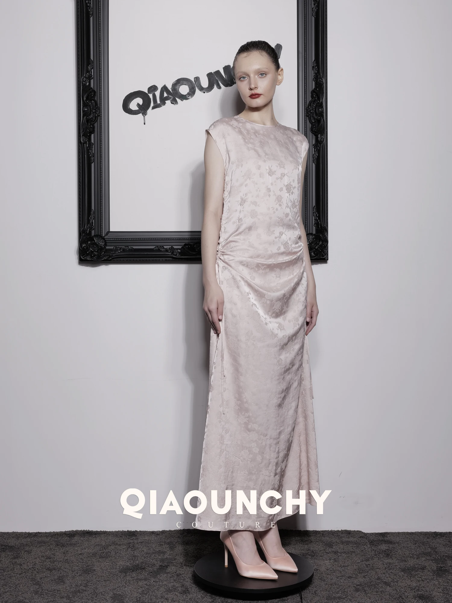 

Платье Ele цвета шампань с завязками на талии, цветочной вышивкой и французскими рукавами из шелка Сучжоу, повседневное платье Dr UNCHY