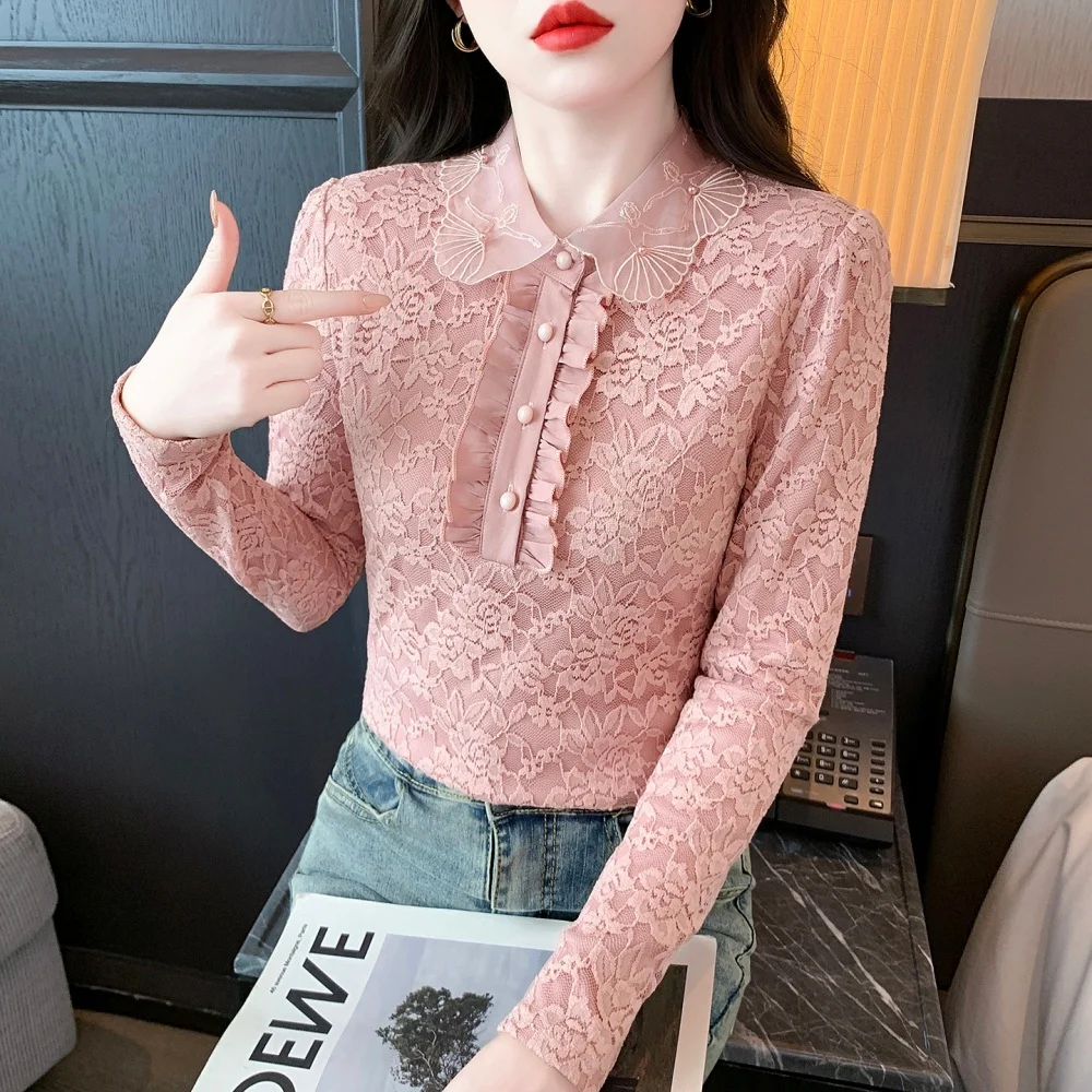 Korean style pink lapel lace blouse women's long sleeved autumn and winter new item high-end fashion plus size casual top