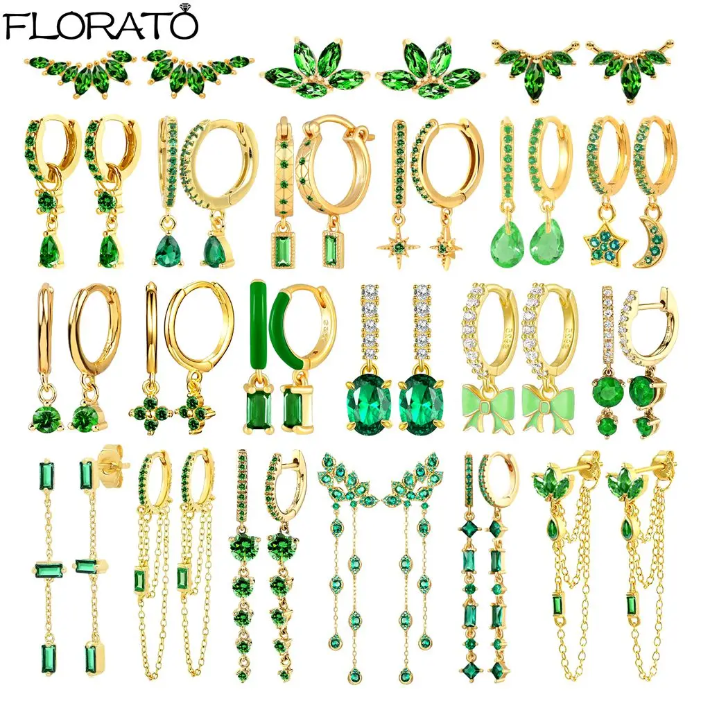 

925 Sterling Silver Needle Luxury Green Zircon Pendant Earrings Trend Gold Color Small Hoop Earrings for Women Fashion Jewelry