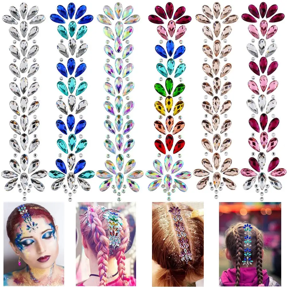 6PCS Set Hair Gems Tattoo Stickers Face Body Jewels Sticker Eyes Forehead Mermaid Rhinestone Glitter Tattoos Crystal Tears