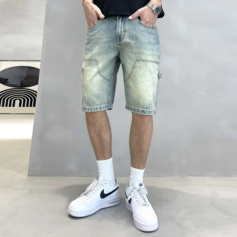 Tooling Style Denim Shorts Men's Summer Loose Straight Retro High-End Trendy Fashion Joker Casual Distressed Cropped Pants