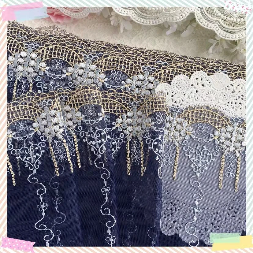 2Yards/20cm Navy Polyester Soft Mesh Embroidery Lace Trimmings Dress Accessories Lace Fabric Sewing Crafts Doll Material