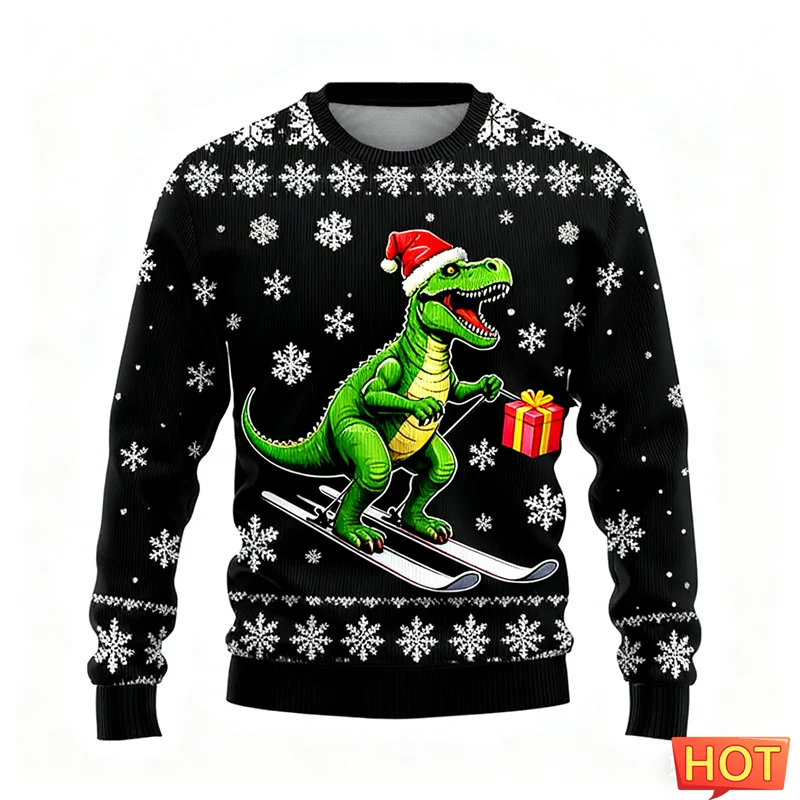 2026 جديد مضحك T-rex الجرافيك القبيح عيد الميلاد سترة العصرية الشارع الشهير ثلاثية الأبعاد مطبوعة عيد الميلاد بلوزات كول المتضخم رجالي البلوفرات #3