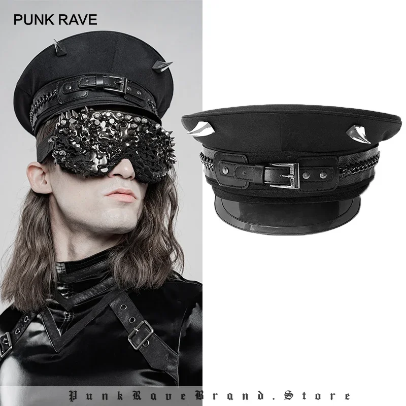 PUNK RAVE Men\'s Punk Handsome Military Hat Cool Pu Leather Buckles Demon Corner Nail Decorated Stage Performance Party Cap