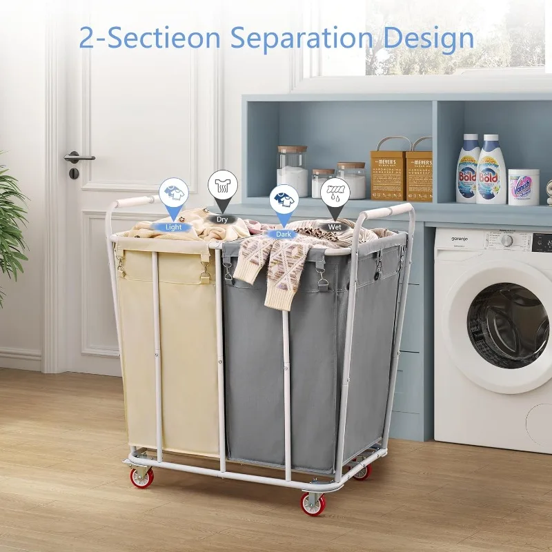 

2 Section Laundry Sorter Cart, Rolling Laundry Hamper with Wheels, Heavy Duty Basket Organizer