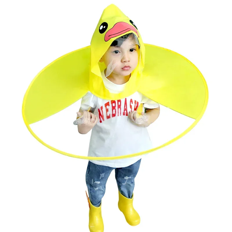 Creative Kids Rain Cover Cute Cartoon Duck UFO Children's Raincoat Boys And Girls Umbrella Hat Windproof Poncho Rain Gear Hot