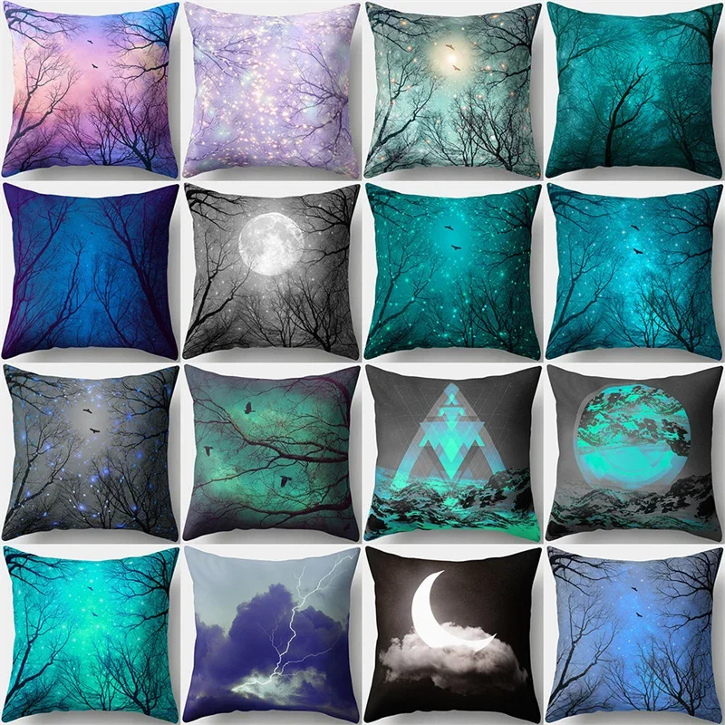 Blue Retro Moon Star Night Scene Cushion Pillowcase Natural Weather Lightning Bird Scenery  Sofa