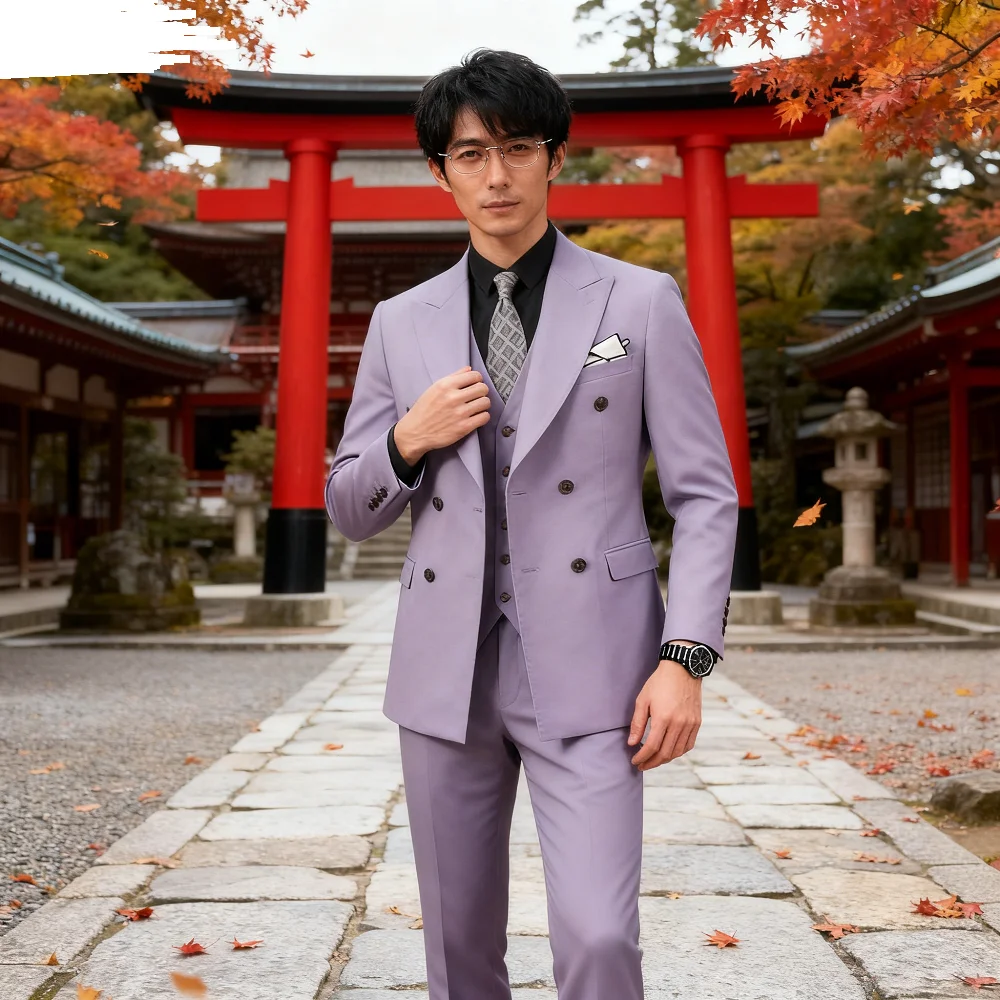 

Customizable Men's White Terno Three-Piece Suit with Cream Lapel Jacket Pants Vest Set with Chest Buckle Adjustment