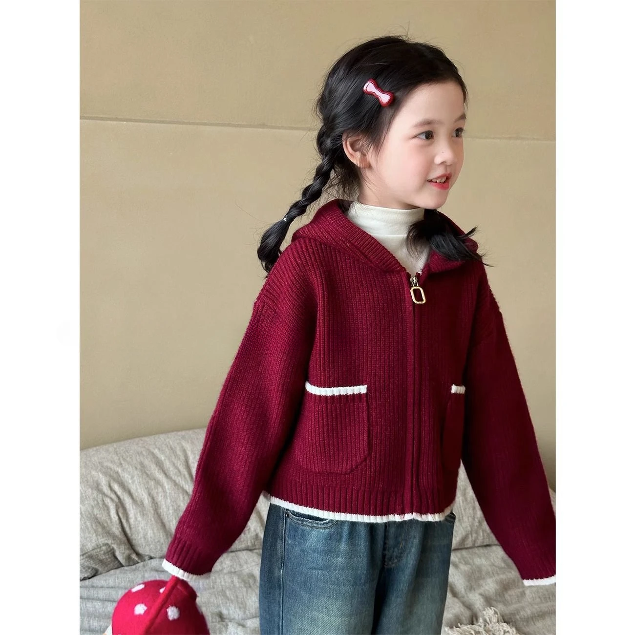 

Baby Girls Sweater Fashion Hooded Knitted Zipper Pocket Keep Warm High End 2024 Autumn Winter New Style Childrens Thicken Coats