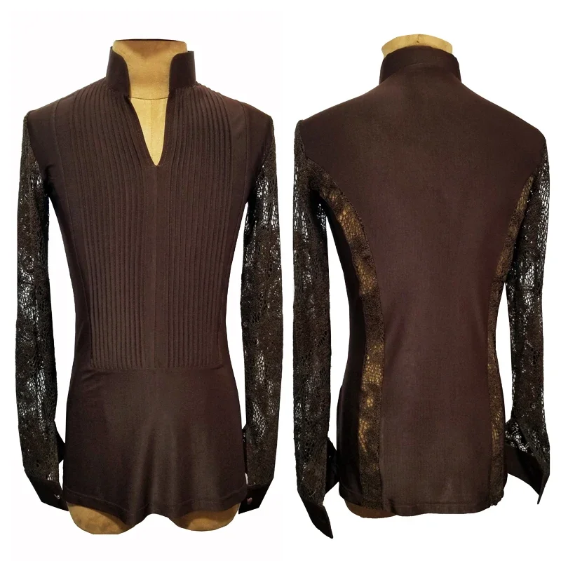 

Latin Dance Tops Male Adult Latin Competition Clothes Lace Sleeves V Neck Standard Dance Costume Cha Cha Salsa Shirts DNV15143