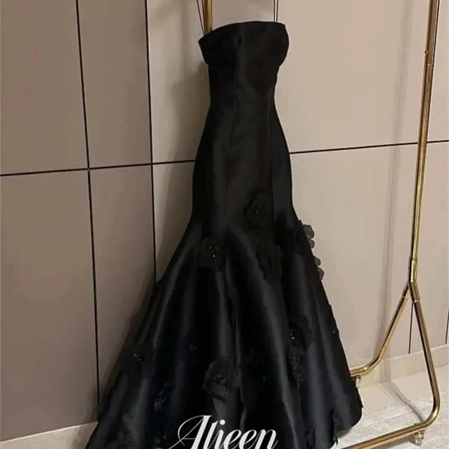 Robe de Soirée Sirène en Satin Noir à Fleurs Personnalisées pour Femme, Tenue Élégante de Luxe pour Bal de Promo et Mariage