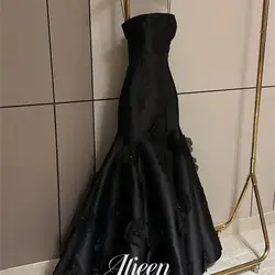 Vestidos de Noche personalizados con flores de sirena, color negro satinado, elegante vestido de fiesta para mujer, vestido de graduación de lujo para boda