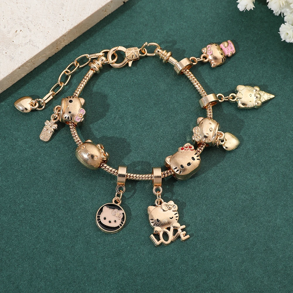 Anime Sanrio Kitty Cat Bracelet Cartoon Figure Kitty White Beads Pendant DIY Charm Bracelet Bangle Kawaii Jewelry Accessories