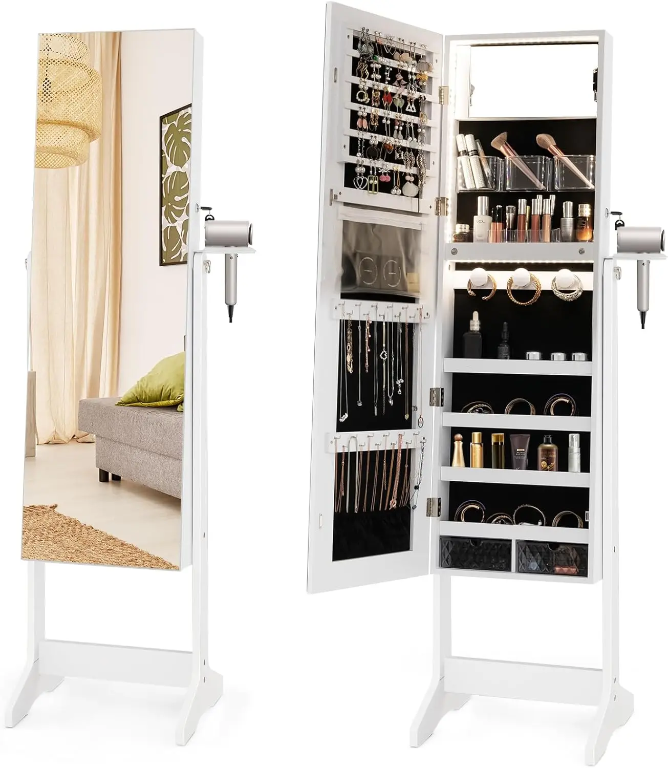 Jewelry Cabinet,Full-Length Mirror with Large Jewelry Storage, Lockable Jewelry Armoire for Living Room, Bedroom(White)