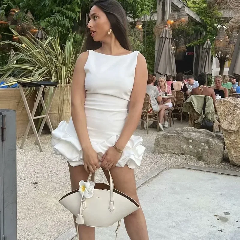 HXAO Womens Dresses 2024 Bodycon Ruffle White Dress Woman Sleeveless Puff Mini Dress Summer Backless Short Dresses For Women