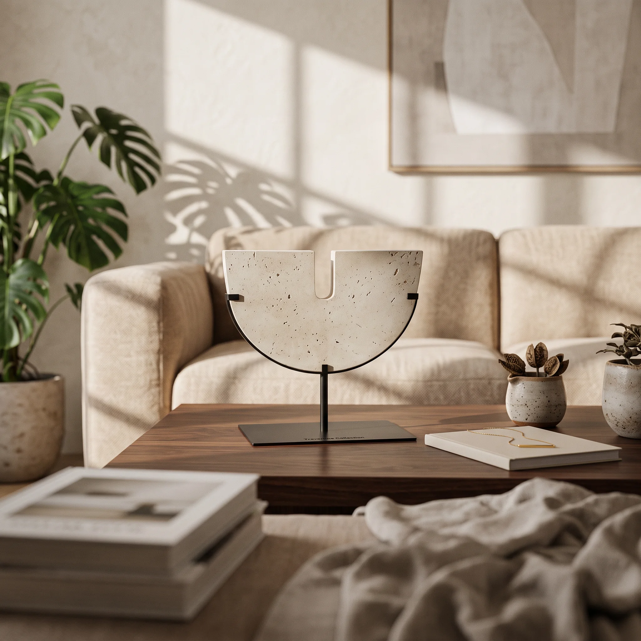 Stone-Look Sculpture with Metal Stand Geometric U-Shaped Sculpture Desk Ornament Speckled for Home Decorators, Living Room