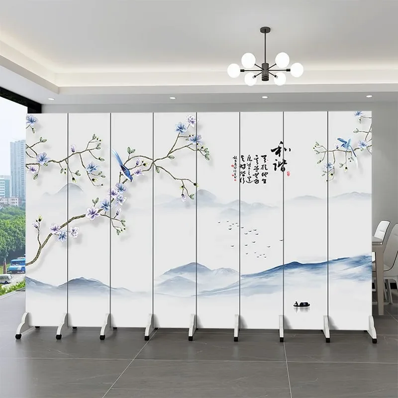 Chinese Landscape Painting Screen Partition Foldable Mobile Solid Wood Double Sided Divider for Living Room Home Office Decor
