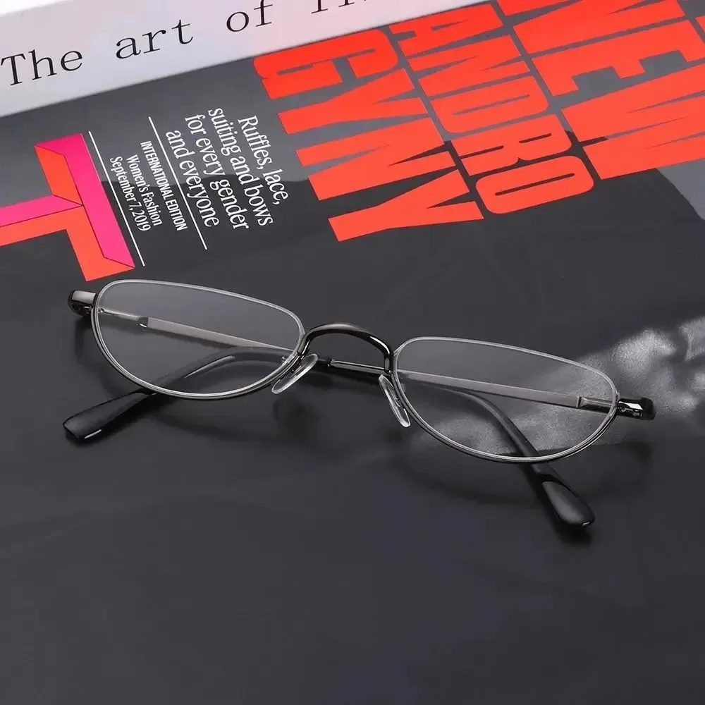 Retro-Lesebrille mit hochauflösenden Metallfederscharnieren, Halbmond-Design, Halbrandlose Lesehilfe, Optische Brille mit Kleinem Rahmen – Detail 11