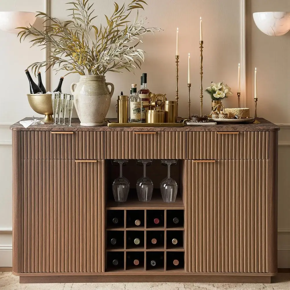 

Fluted Sideboard Buffet Cabinet with Storage, 59 Mid Century Modern Wine Bar Cabinet with Faux Marble Top, Home Coffee Bar with