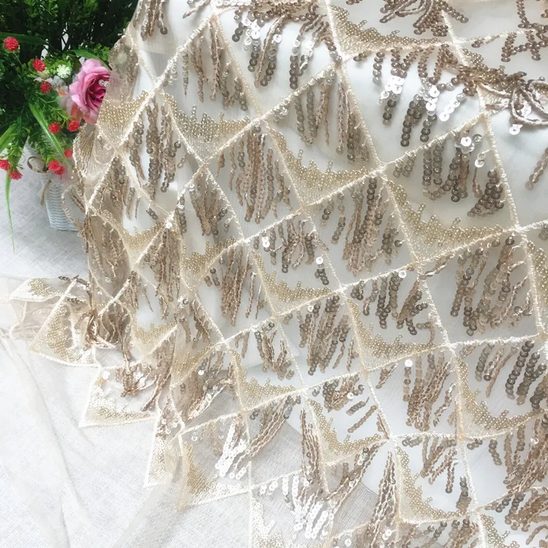 Royalbue Plaid Sequin Tassel Fabric Mesh Embroidery Wedding clothing Fabric dress lace fabric