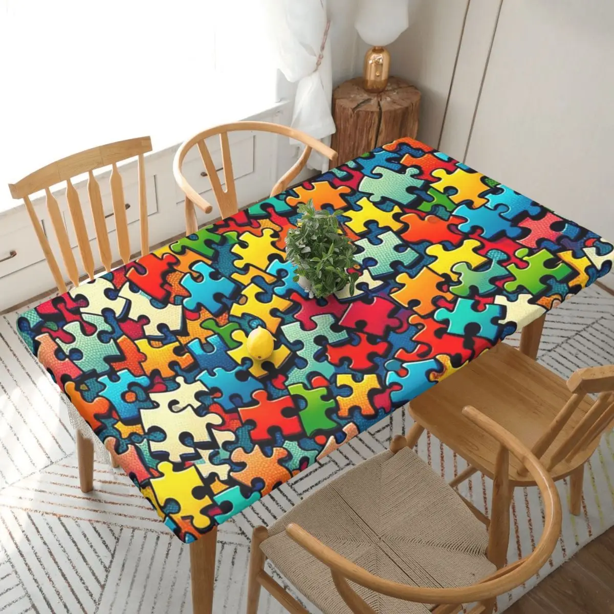 Autism Awareness Colorful Puzzle Piece Print Custom Rectangular Tablecloth Oilproof Table Cover for Festival Party Table Cloth