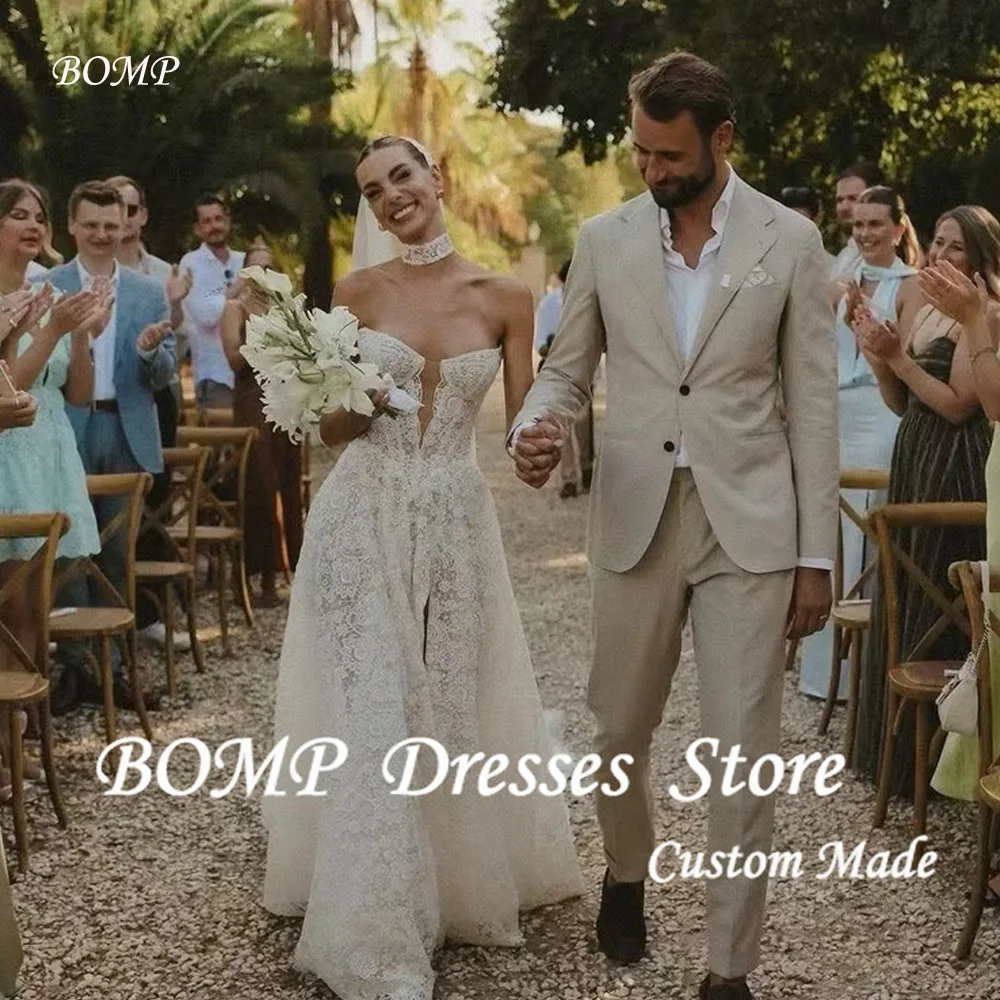 

BOMP Elegant Lace A Line Wedding Dresses Sweetheart Sweep Train Country Bridal Gowns Boho Vestidos de noiva Customized