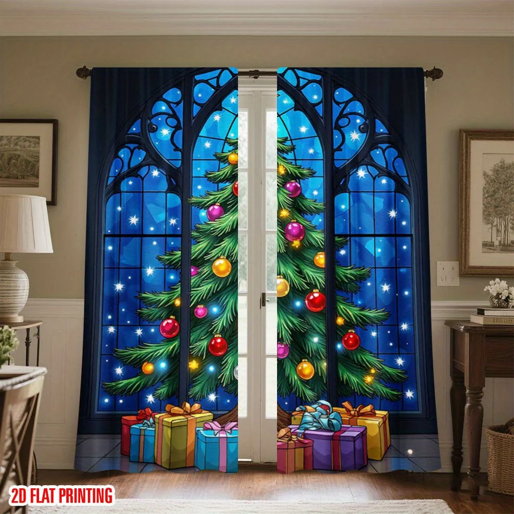 2pcs Stained Glass Christmas Tree Curtains, Vibrant Ornament Gift Design Semi-Translucent for Holiday Decor