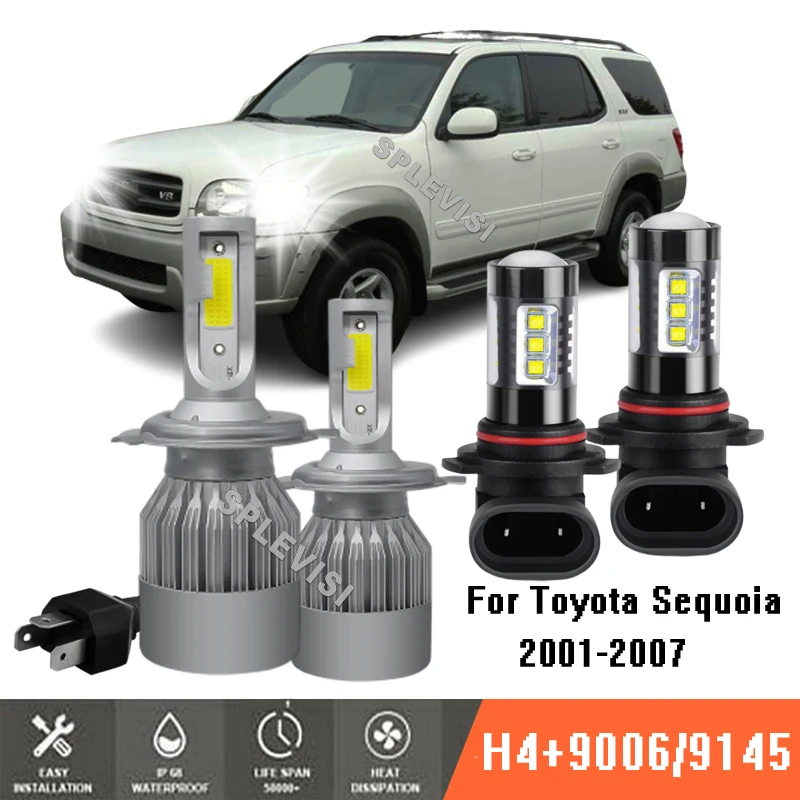 4pc Combo 6000K LED Headlight Bulb High Low Beam + Fog Light Kit For Toyota Sequoia 2001-2007 2002 2003 2004 2005 2006 2007