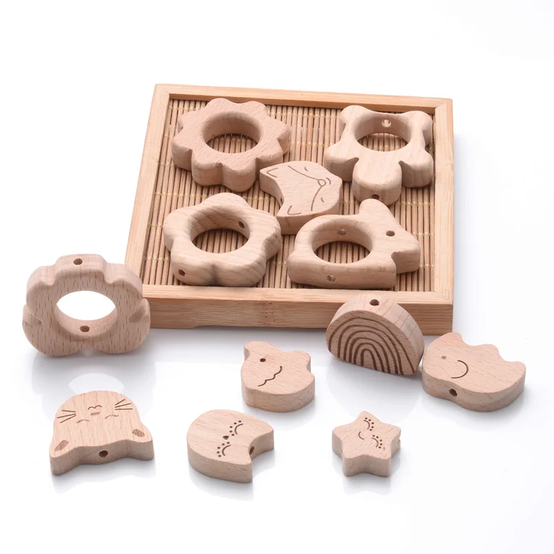 10Pcs/Lot Wooden Mini Animal Elephant Airplane Baby Teether DIY BPA Free Baby Pacifier Chain Nursing Teether Pendant Toys Gift