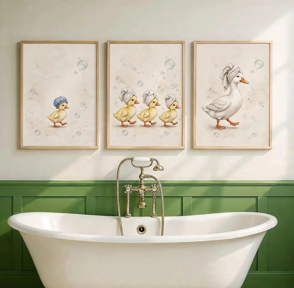 Goose Bathroom Wall Art Set of 3, Vintage Duckling Family Prints, Whimsical Farmhouse Bath Decor, Cottage core Spa printabl,