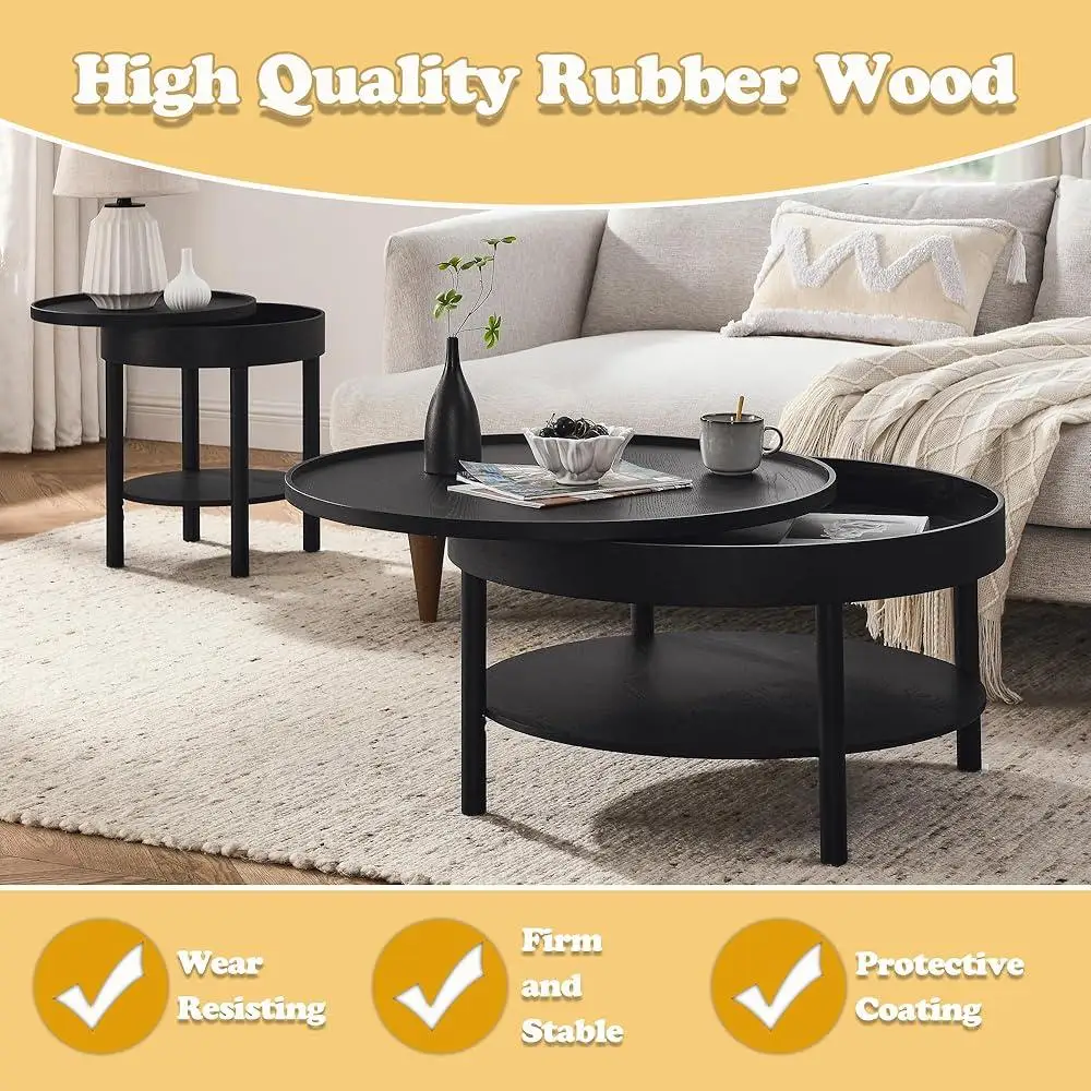 Modern Circular Coffee Table 3-Layer Storage Rotating Top Living Room Tea Table Rubber Wood Design Functional Home Furniture