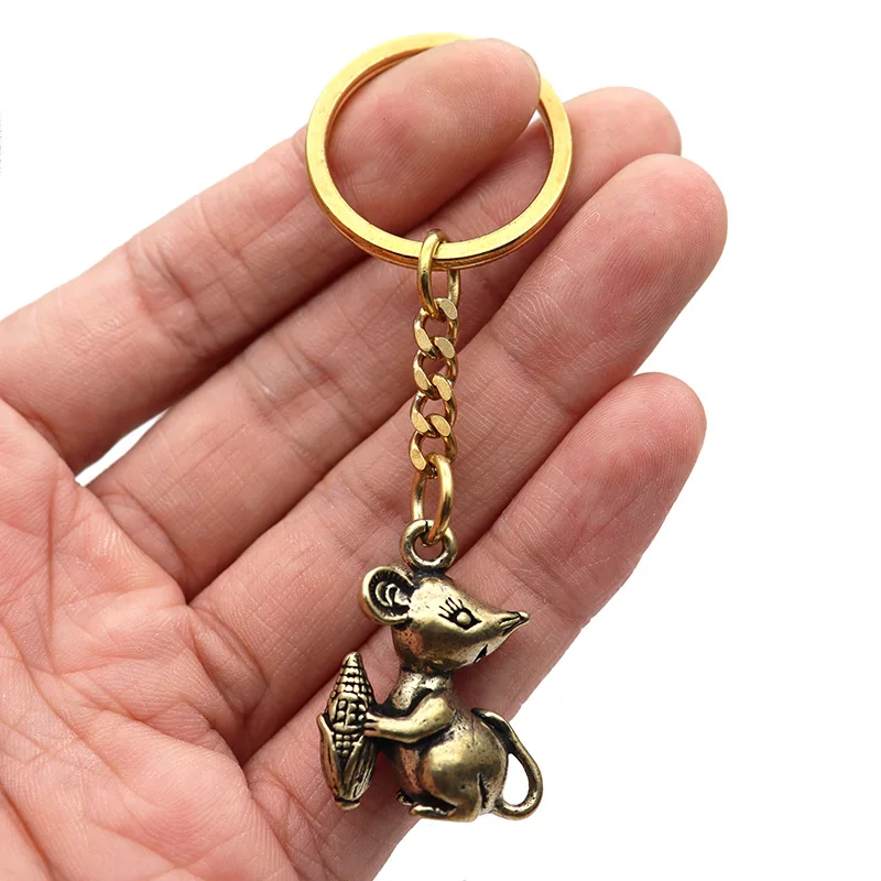 Brass Cartoon Rat Figures Keychain Pendant Jewelry Cute Animal Corn Mice Car Keyring Lanyard Hangings Accessories Children Gifts