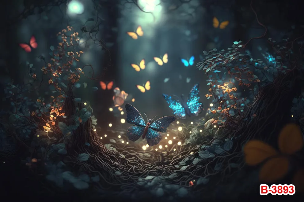 خلفية مشهد حالم لحديثي الولادة ، خلفية المغامرة ، حكاية خرافية ، الغابات والأدغال ، الفراشات ، القمر والليل ، اليراع وأرض العجائب