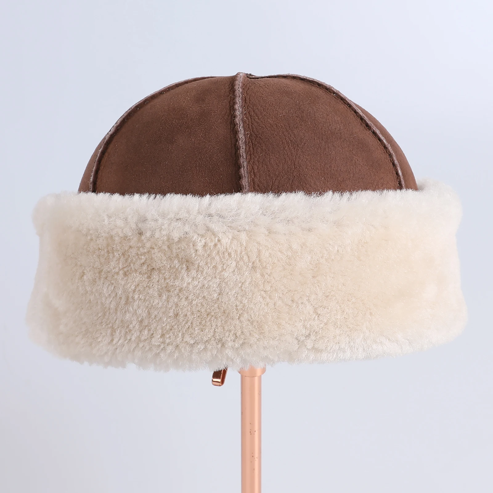 Unisex Genuine Sheepskin Leather Shearling Wool Beanie Hat, Winter Warm Thick Soft Fur Cap, Hand Stitched High Quality