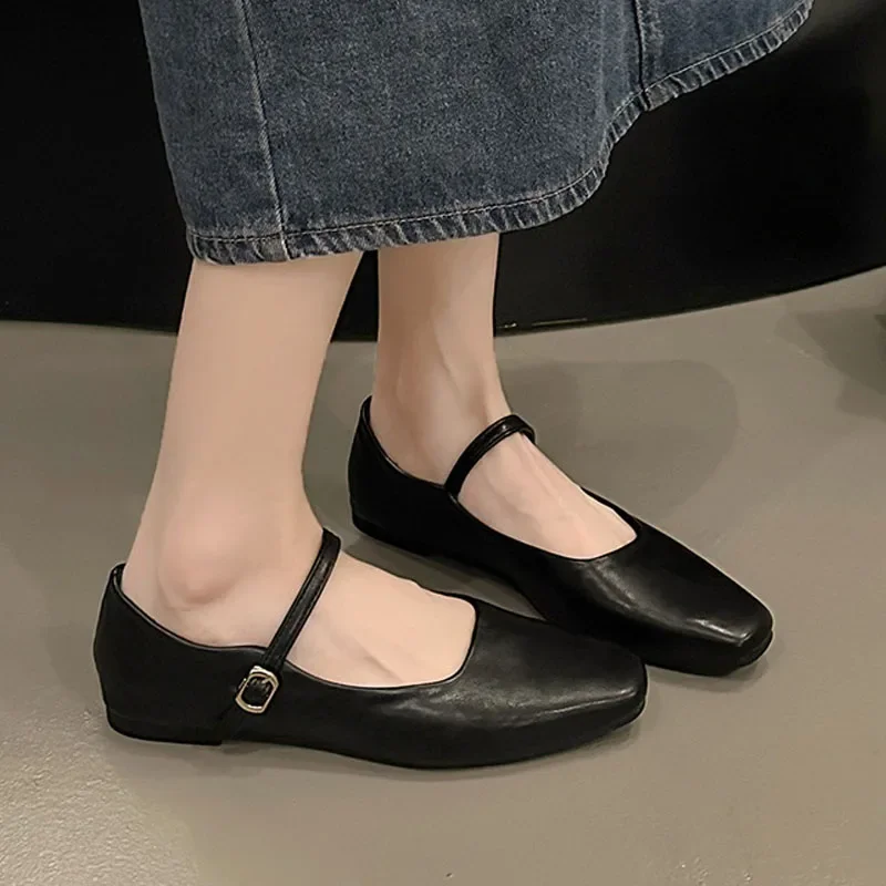 Women Flats French Square Toe Pumps Buckle Strap Mary Jane Shoes Brown Black Microfiber Leather Shoes Soft Sole Lady Work Shoes