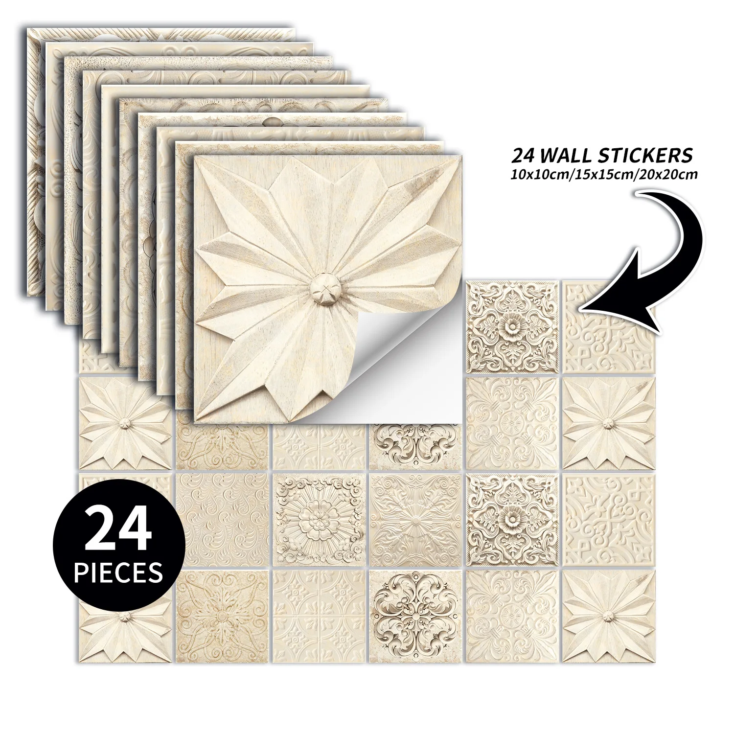 

Vintage European Wall Panels Self-Adhesive - Oil-Proof Kitchen Backsplash Stickers with Embossed Floral Design Beige