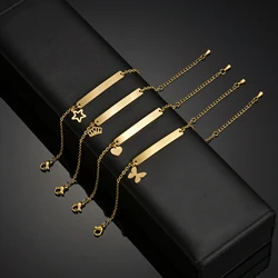 Akizoom Punk Man Bracelets Gold Plated Crown Heart Blank Bar Stainless Steel Bracelet for Girl Boy Woman Family Jewelry Gift