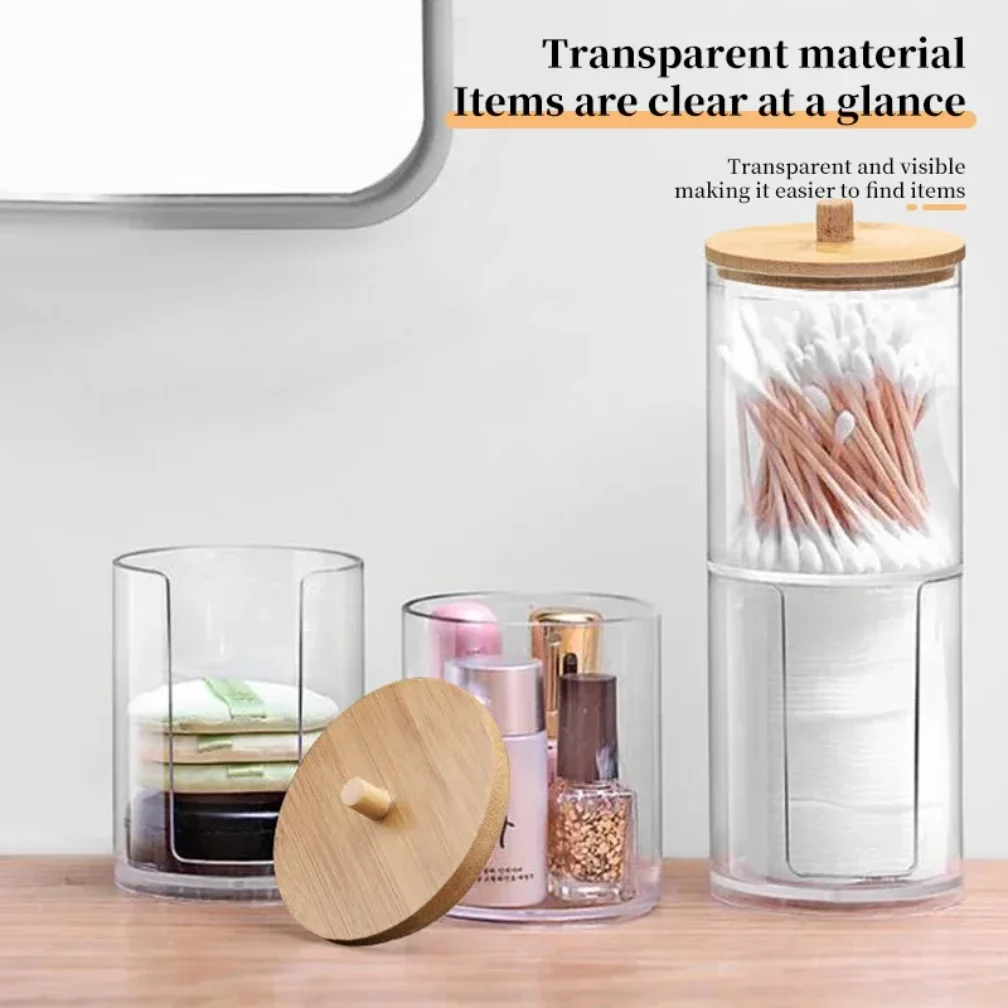 صندوق تخزين أعواد القطن، حاوية دائرية محمولة 2 في 1، تخزين منتفخة من القطن للمكياج المنزلي وإزالة المكياج