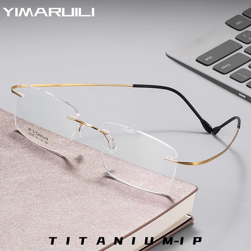 

YIMARUILI Pure Titanium Men's Rimless Glasses Ultralight Frameless Glasses Women's Retro Square Optical Prescription Eyewea 1600