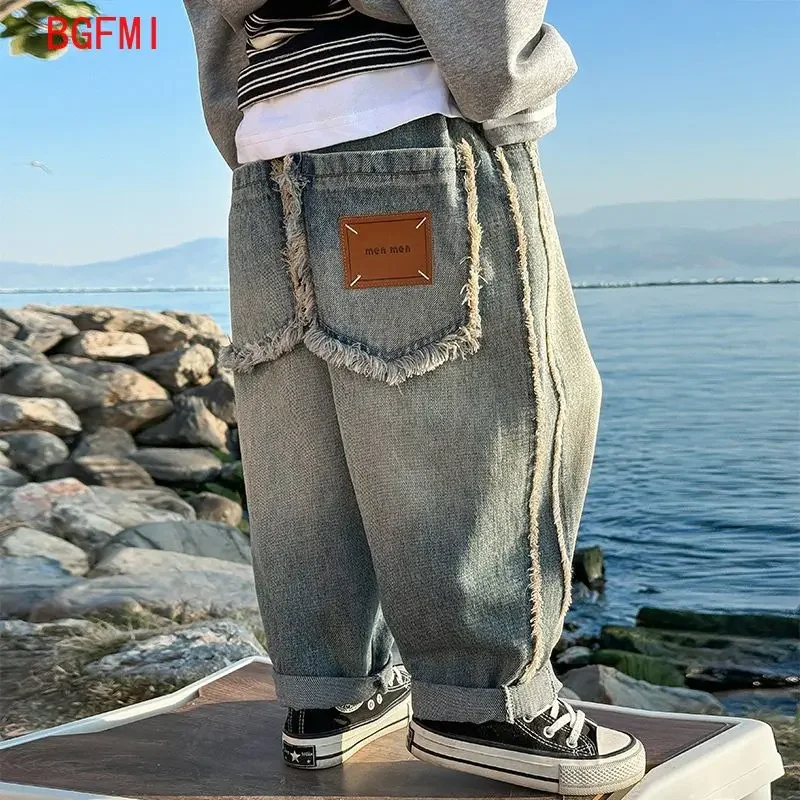 Teens Kids Streetwear Pants Boys Korean Childrens Clothing 2024 Spring New Trousers Straight Cylinder Causal Jeans Elastic Waist