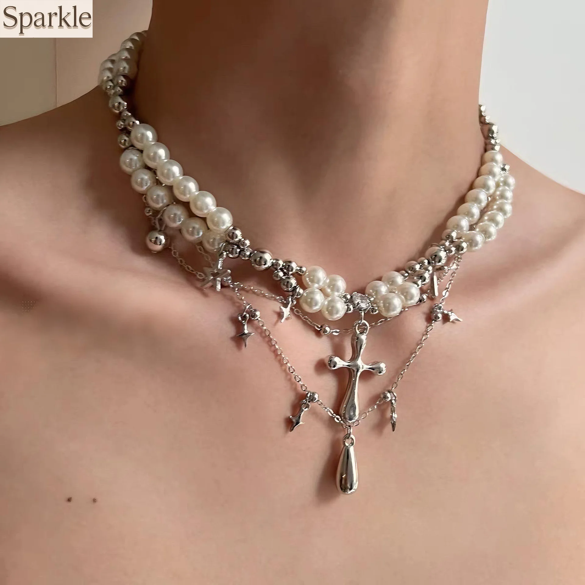 

Vintage Double-layer Pearl Cross Choker Necklaces For Men Women Exaggerated Elegant Beaded Chains on Neck spliced Luxury Jewelry