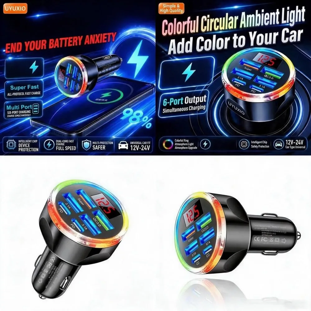 Mehrport-Schnellladegerät für Autos, Trendprodukt für iPhone 18 17 16 Samsung S26 S25 S24 mit digitaler Spannungsanzeige und RGB-Ambientelicht