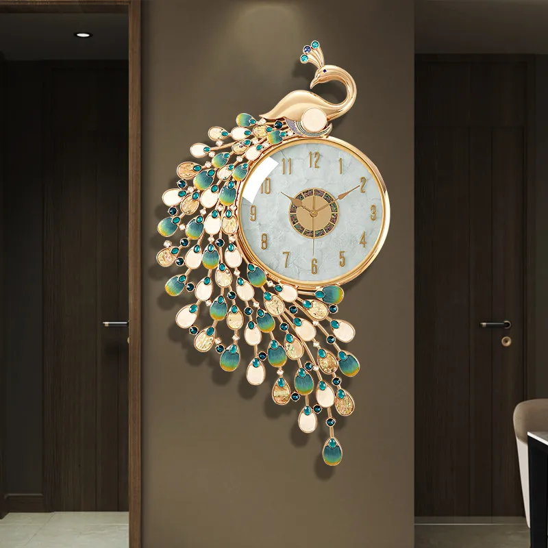 T*-Peacock Round Wall Clocks Nordic Restaurant Simple Fashion Clock Wall Chinese Style Aesthetic Horloge Murale Room Decorations