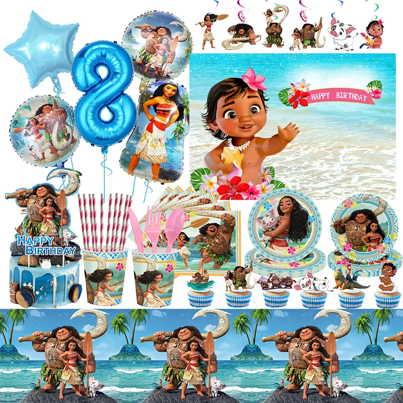 Disney Moana Birthday Party Decorations Disposable Tableware Maui Vaiana Balloons Backdrop Tablecloth Party Supplies Baby Shower