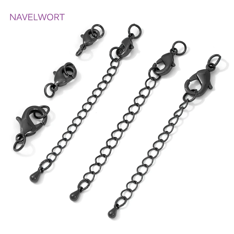 Fecho lagosta de latão de cor preta e corrente extensora, fecho para joias, acessórios de fabricação de colar de pulseira diy, conectores para joias