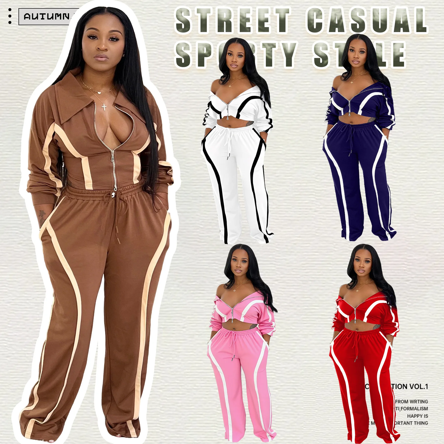 

Women Two Pieces Pant Set Casual Matching Sets Color Block Zipper Long Sleeve Top Drawstring Pocket Pant Loose Fit 2025 Autumn