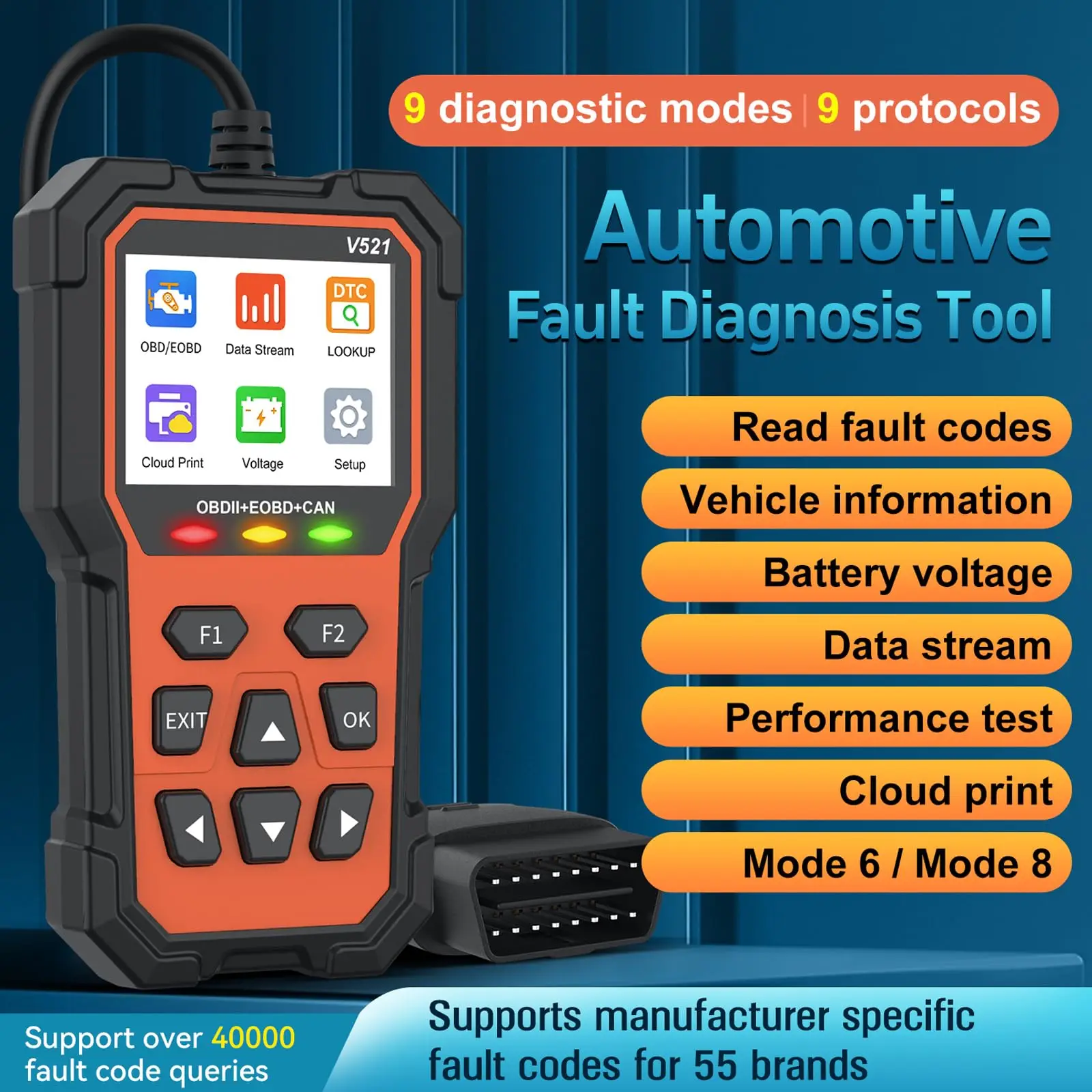 V521 Professional OBD2 Diagnostic Scanner Car Engine Fault Code Detector Engine Light Read/Erase Fault Codes Data Printing