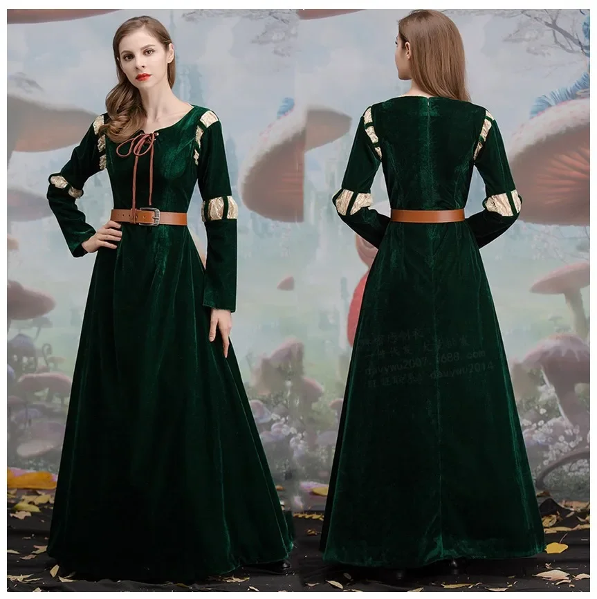 

Anime Movie Brave Costume Princess Merida Cosplay Women European Medieval Retro Dress with Belt Vintage Skirt Halloween Carnival