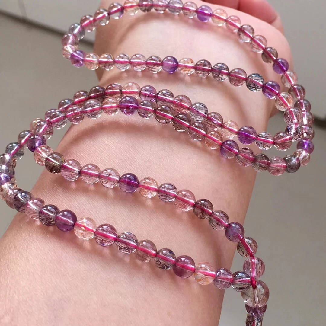 Natural Purple Super 7 Red Quartz 3 Laps Bracelet 5mm Purple Rutilated Quartz Woman Men Clear Round Beads AAAAAAA