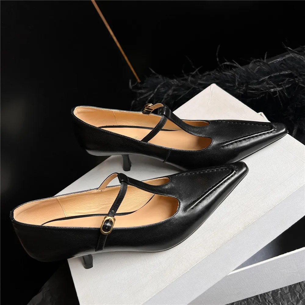 MILI-MIYA Vintage Polished Pointed Toe Women Cow Leather Pumps Thin Heels Pointed Toe Buckle Strap Big Size 34-40 Handmade